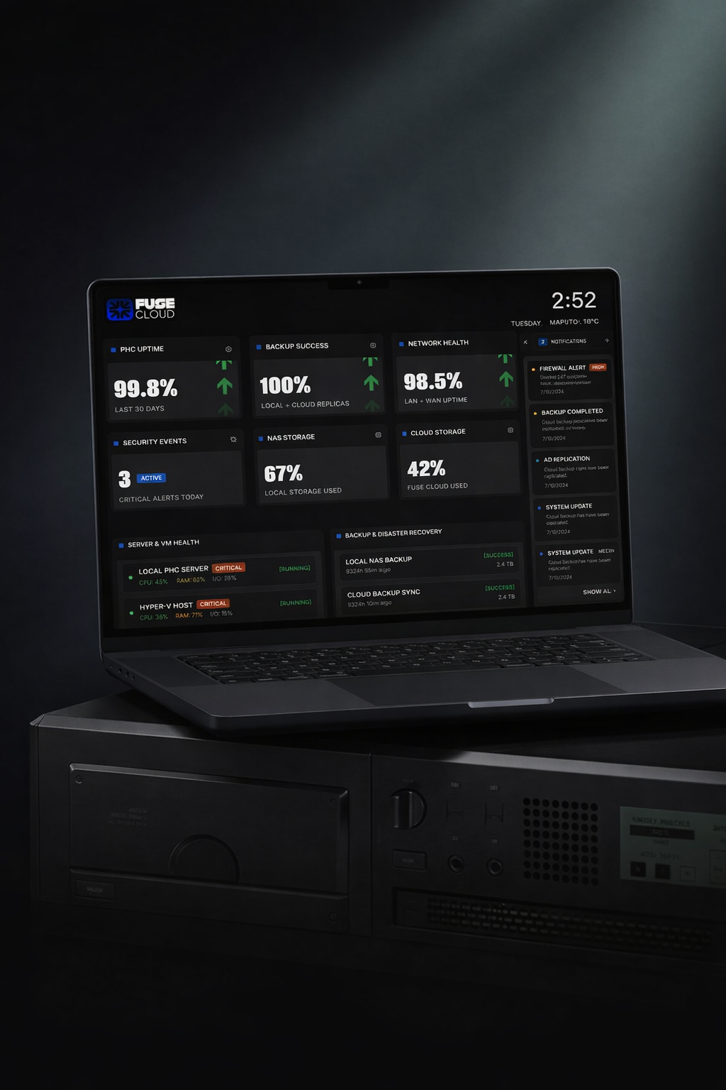 Painel escuro Fuse Cloud monitorizado em portátil