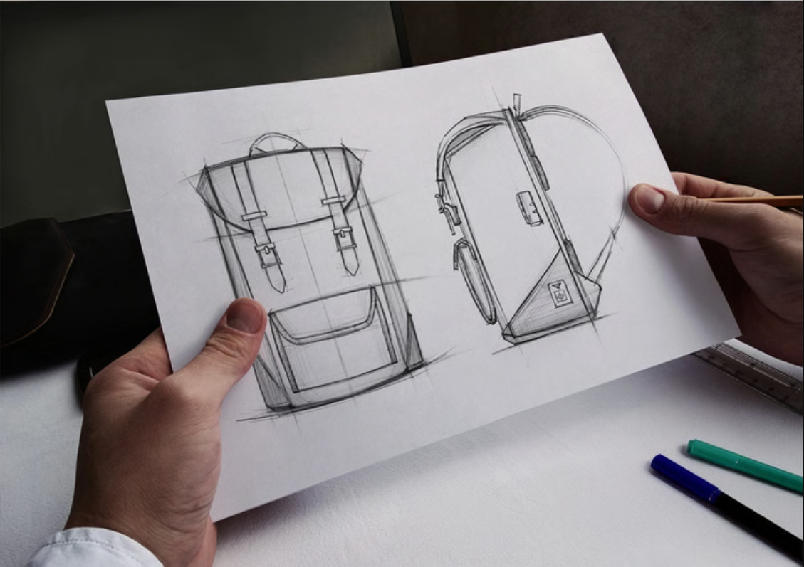Conceitos de esboço de produto de mochila em papel